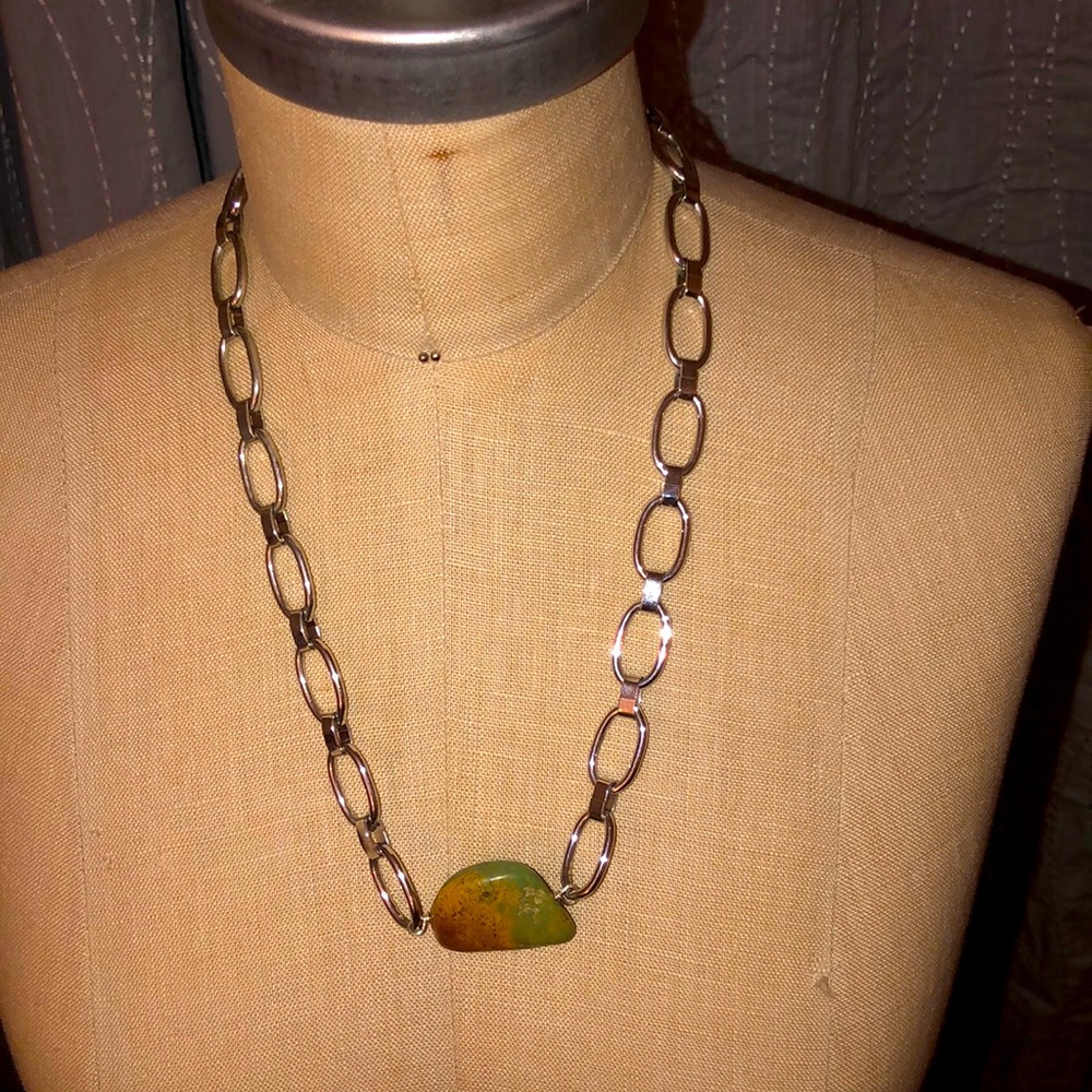 Lisa George silver necklace with green stone. 22in long